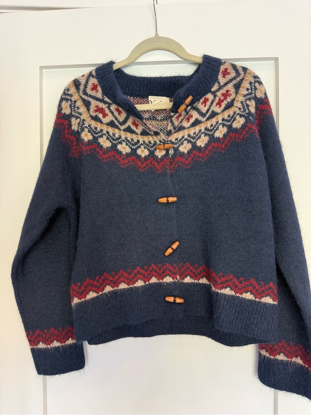 J.O.A. Navy Fair Isle Toggle Cardigan with Red and Cream Accents